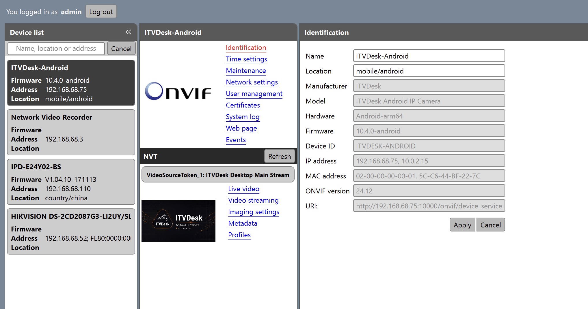 ITVDesk Android 10.4 detected as an ONVIF device