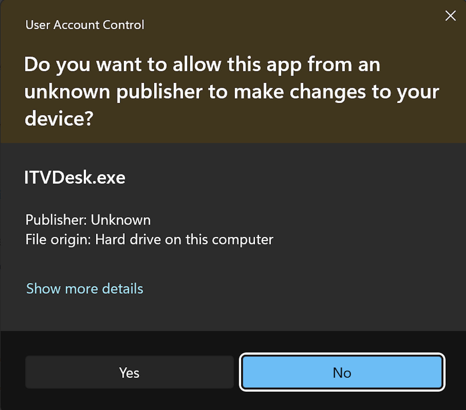 ITVDesk unsigned warning